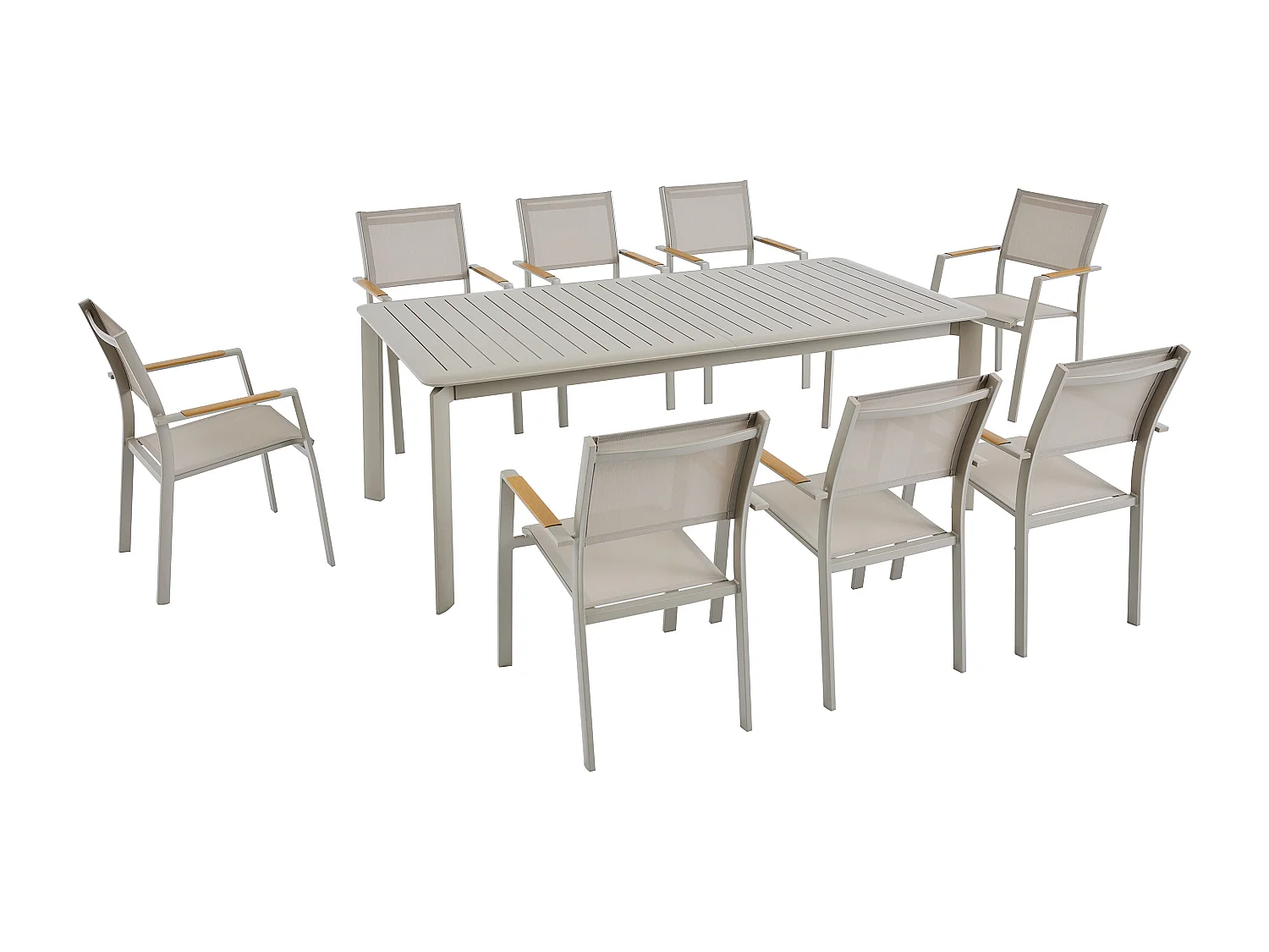 Salle à manger de jardin en aluminium : une table extensible L.205/286.5 cm et 8 fauteuils empilables - Taupe - MACILA de MYLIA