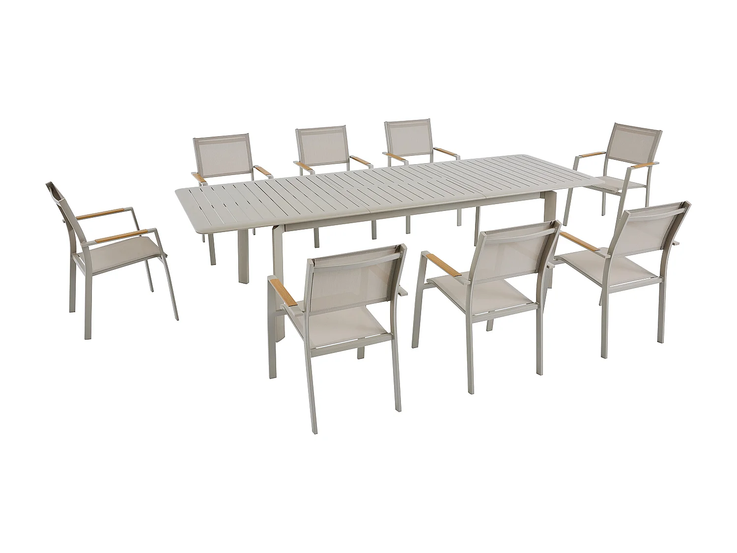 Salle à manger de jardin en aluminium : une table extensible L.205/286.5 cm et 8 fauteuils empilables - Taupe - MACILA de MYLIA