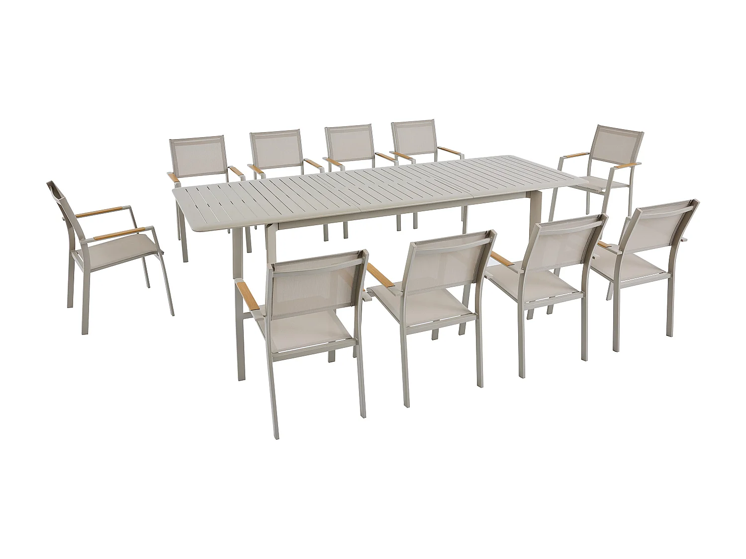 Salle à manger de jardin en aluminium : une table extensible L.205/286.5 cm et 10 fauteuils empilables - Taupe - MACILA de MYLIA