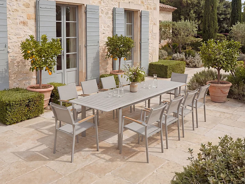 Salle à manger de jardin en aluminium : une table extensible L.205/286.5 cm et 10 fauteuils empilables - Taupe - MACILA de MYLIA