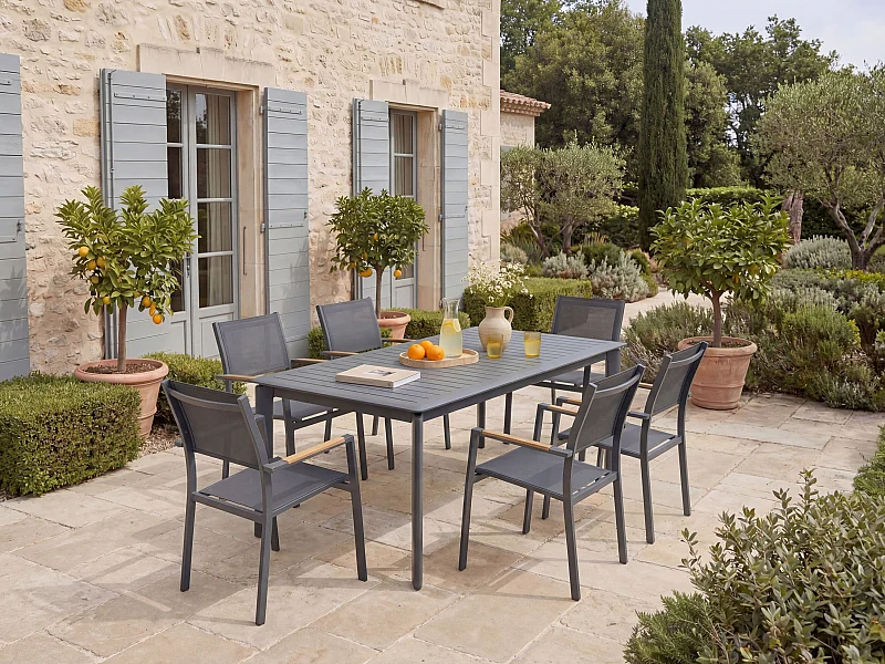 Salle à manger de jardin en aluminium : une table extensible L.205/286.5 cm et 6 fauteuils empilables - Anthracite - MACILA de MYLIA