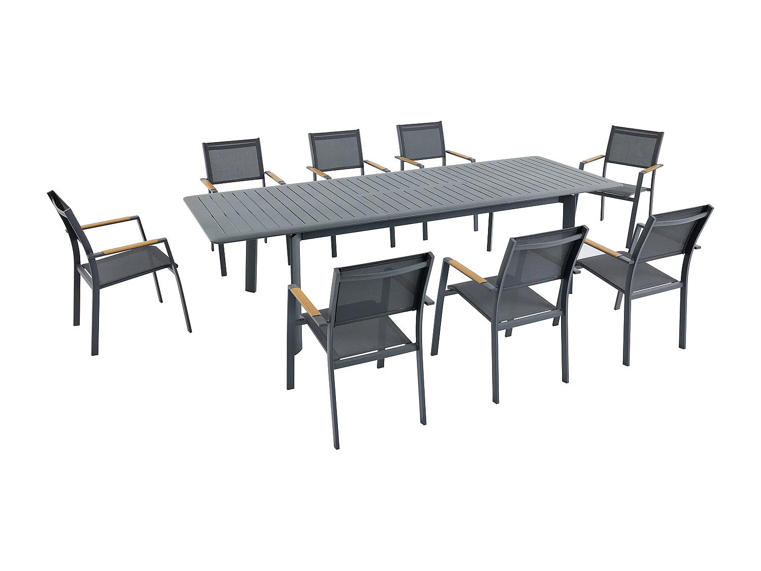 Salle à manger de jardin en aluminium : une table extensible L.205/286.5 cm et 8 fauteuils empilables - Anthracite - MACILA de MYLIA