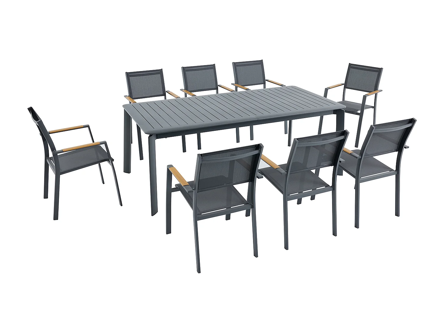 Salle à manger de jardin en aluminium : une table extensible L.205/286.5 cm et 8 fauteuils empilables - Anthracite - MACILA de MYLIA