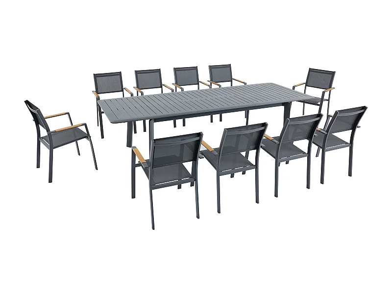 Salle à manger de jardin en aluminium : une table extensible L.205/286.5 cm et 10 fauteuils empilables - Anthracite - MACILA de MYLIA