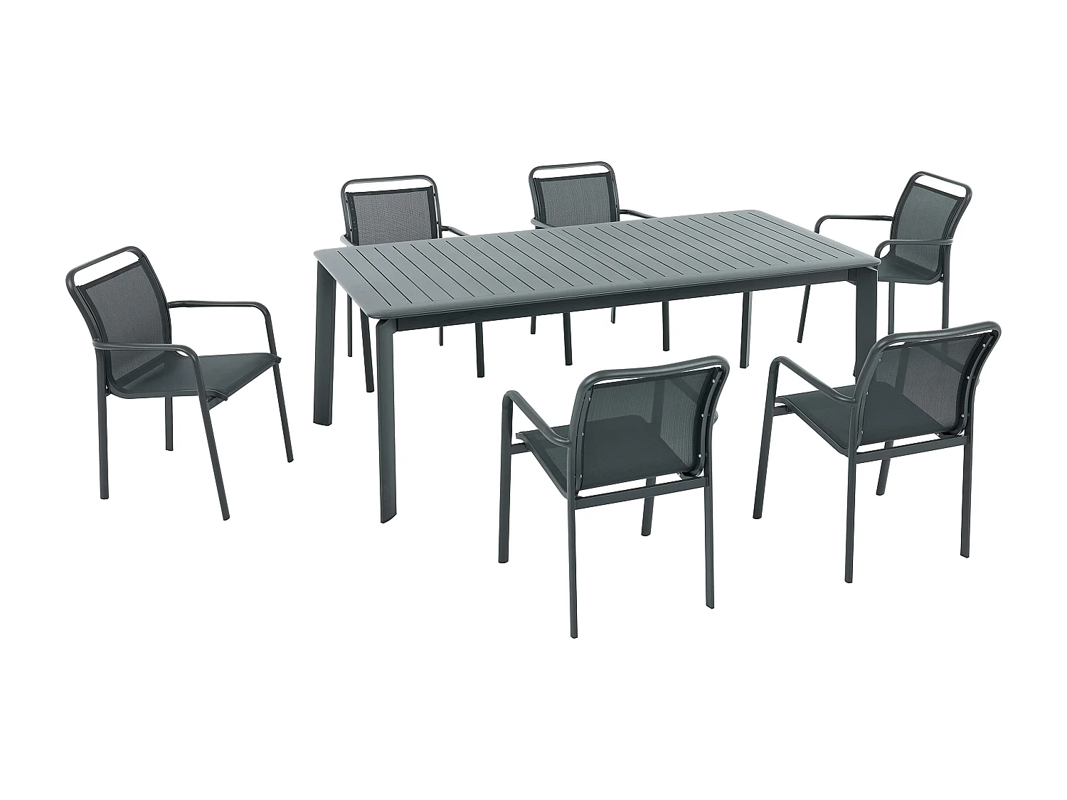 Salle à manger de jardin en aluminium : une table extensible L.205/286.5 cm et 6 fauteuils empilables - Gris foncé - VELYRA de MYLIA