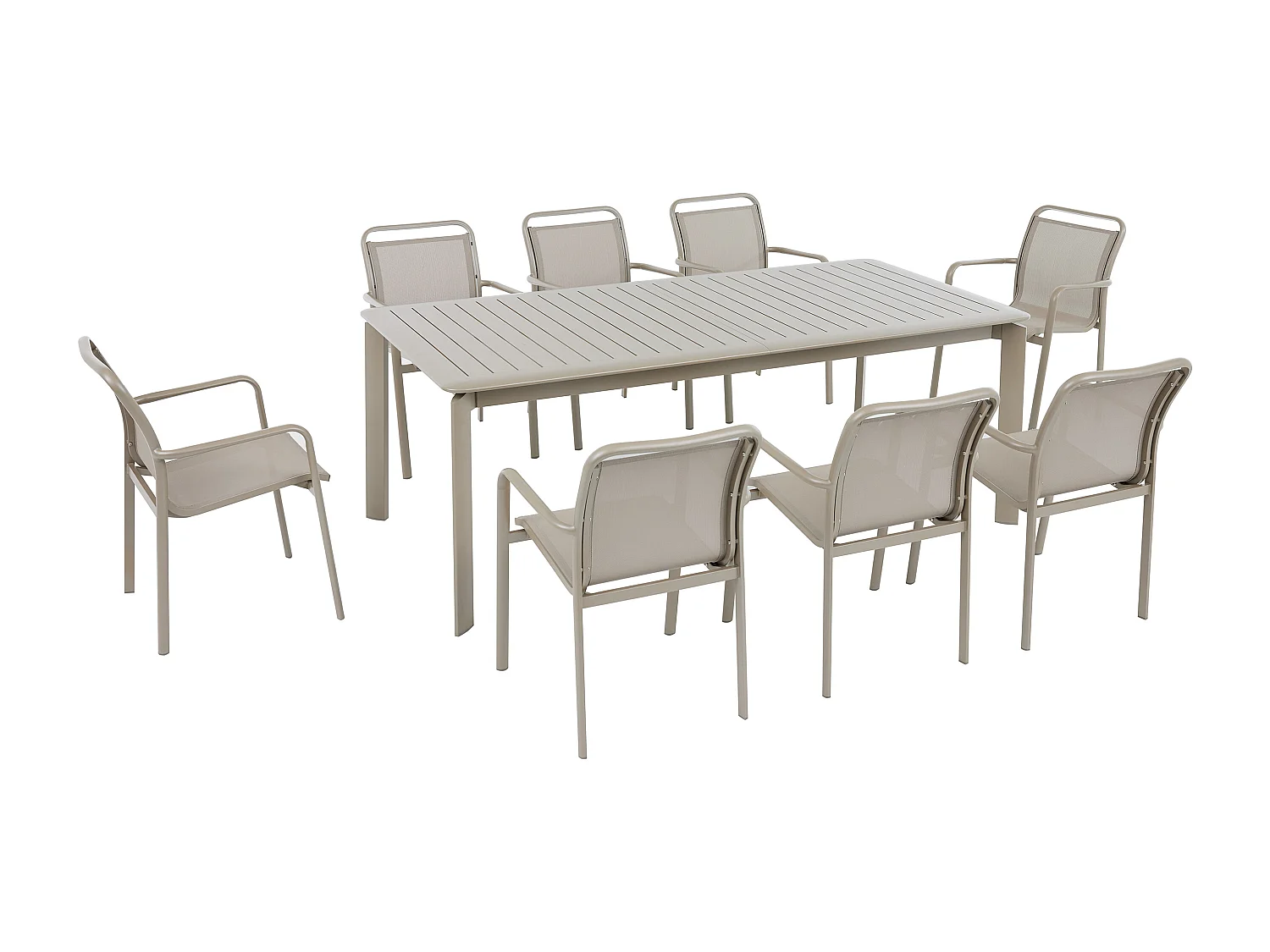 Salle à manger de jardin en aluminium : une table extensible L.205/286.5 cm et 8 fauteuils empilables - Taupe - VELYRA de MYLIA