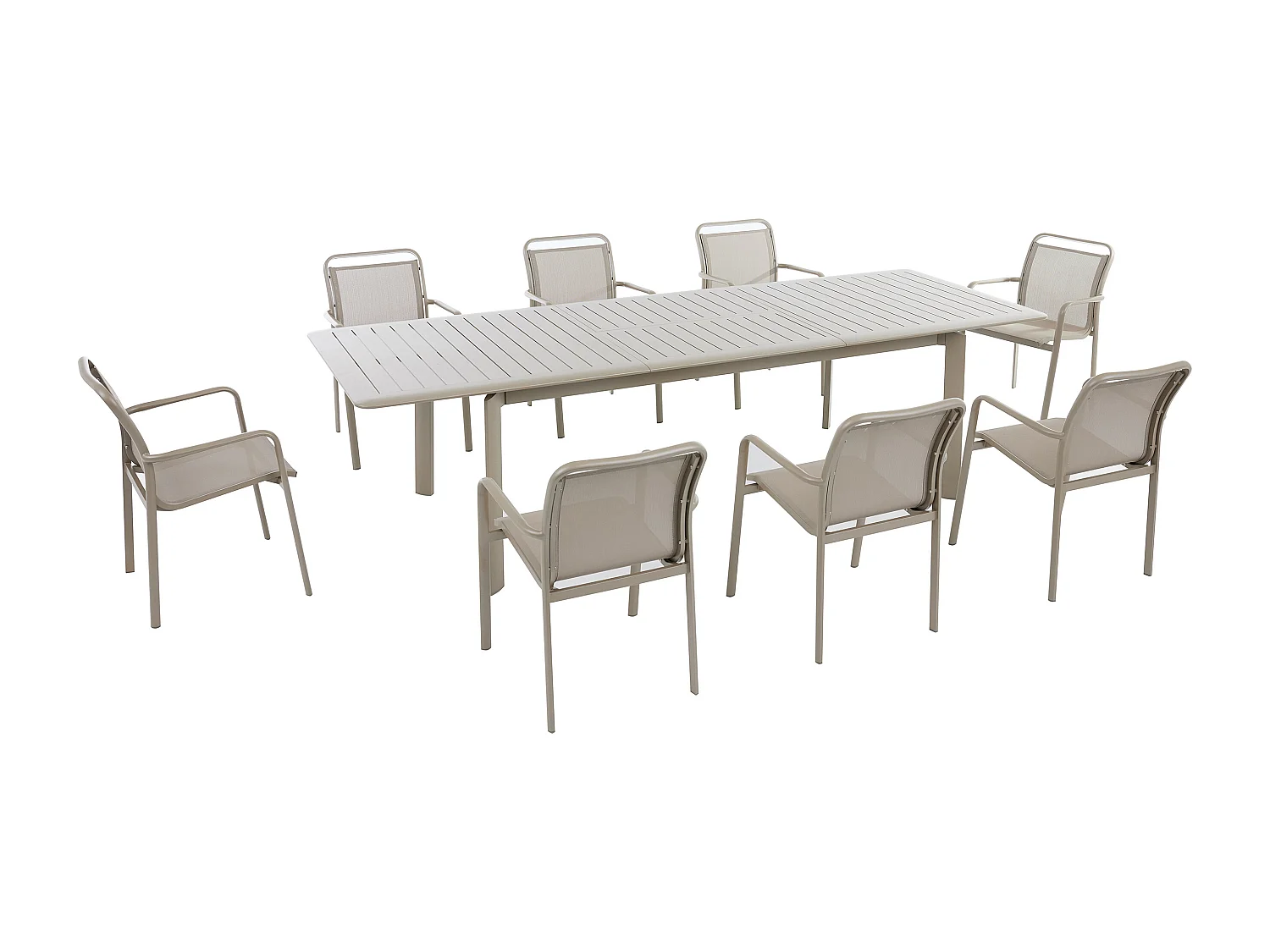 Salle à manger de jardin en aluminium : une table extensible L.205/286.5 cm et 8 fauteuils empilables - Taupe - VELYRA de MYLIA