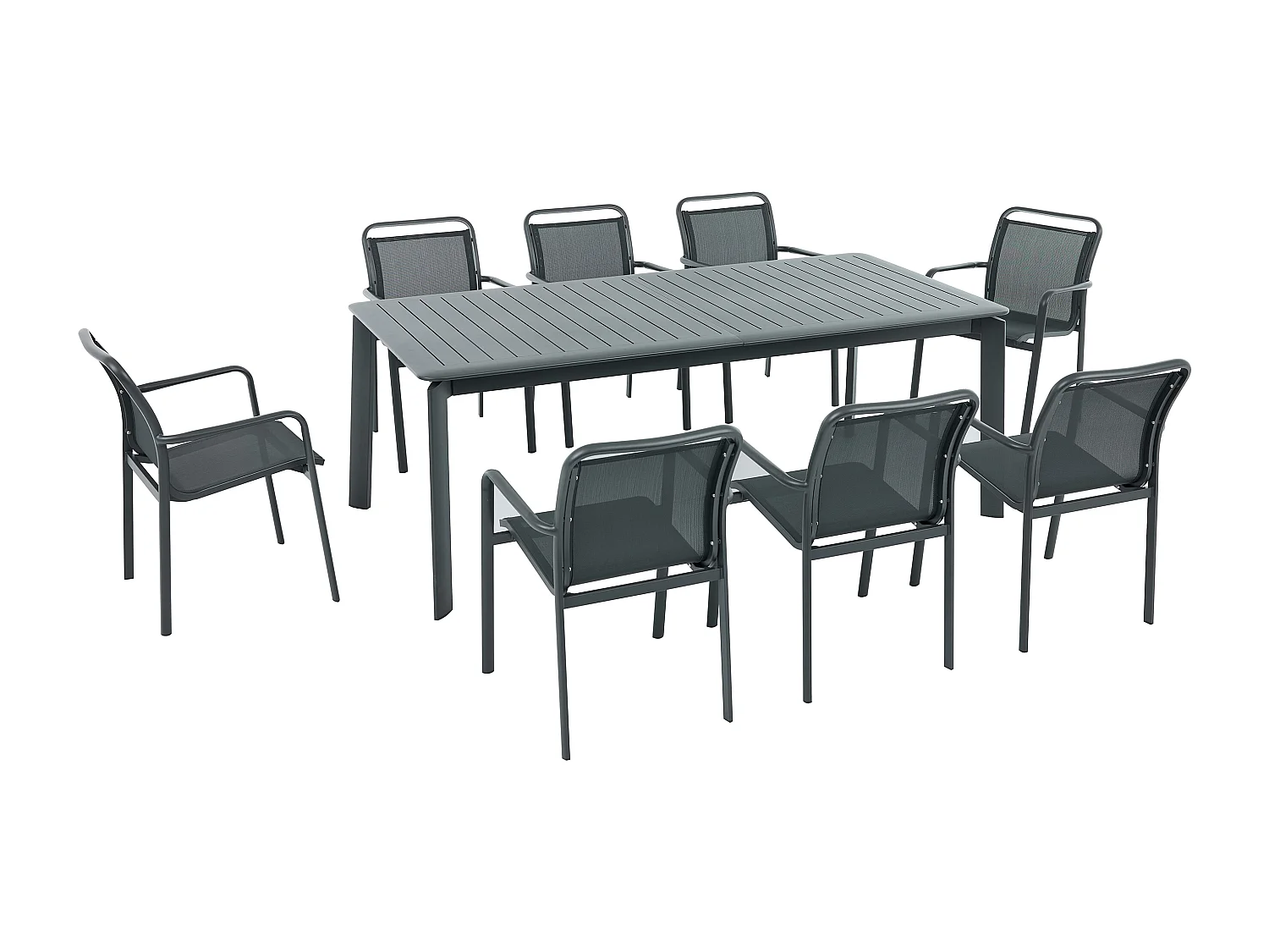 Salle à manger de jardin en aluminium : une table extensible L.205/286.5 cm et 8 fauteuils empilables - Gris foncé - VELYRA de MYLIA