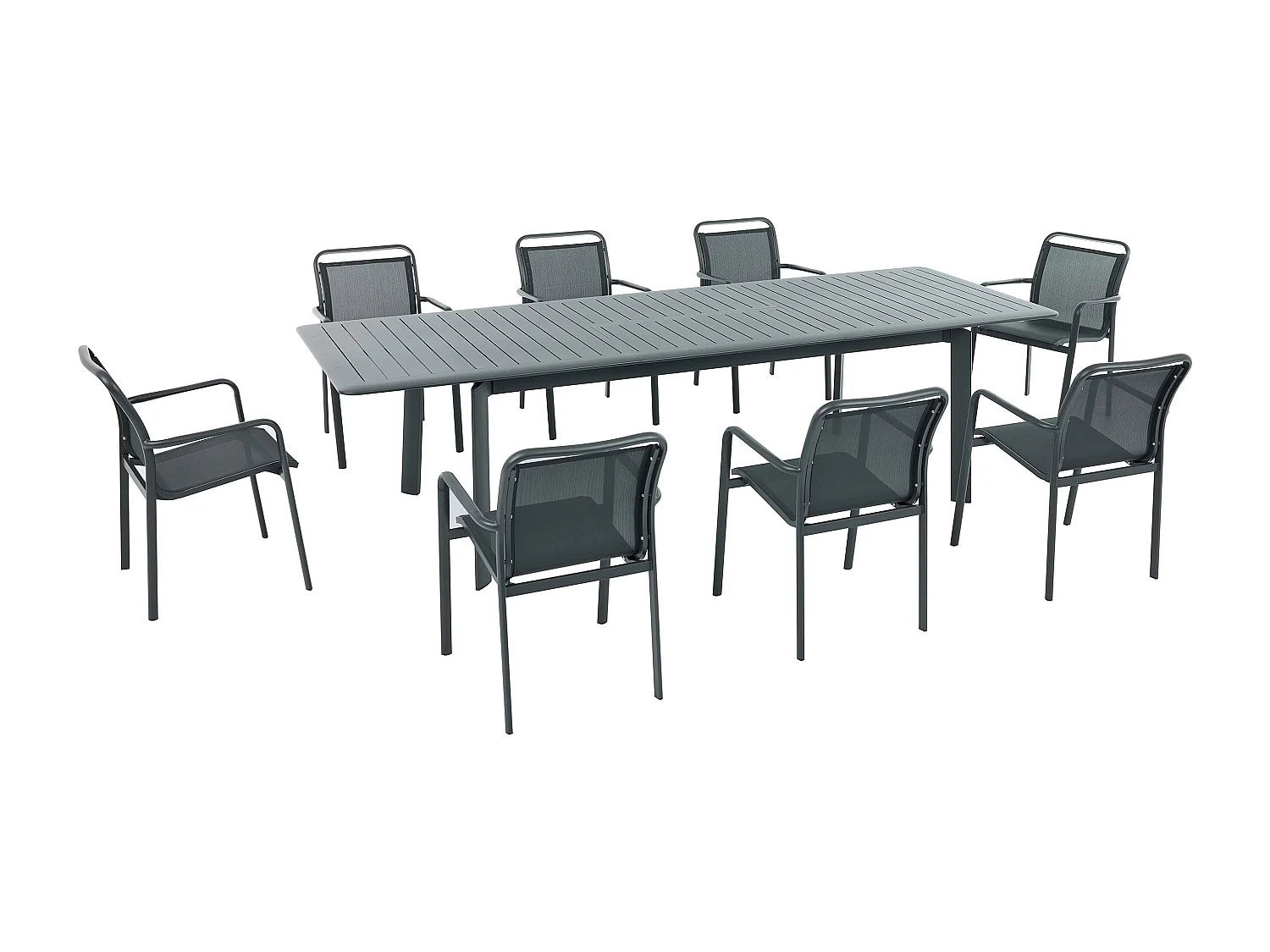 Salle à manger de jardin en aluminium : une table extensible L.205/286.5 cm et 8 fauteuils empilables - Gris foncé - VELYRA de MYLIA