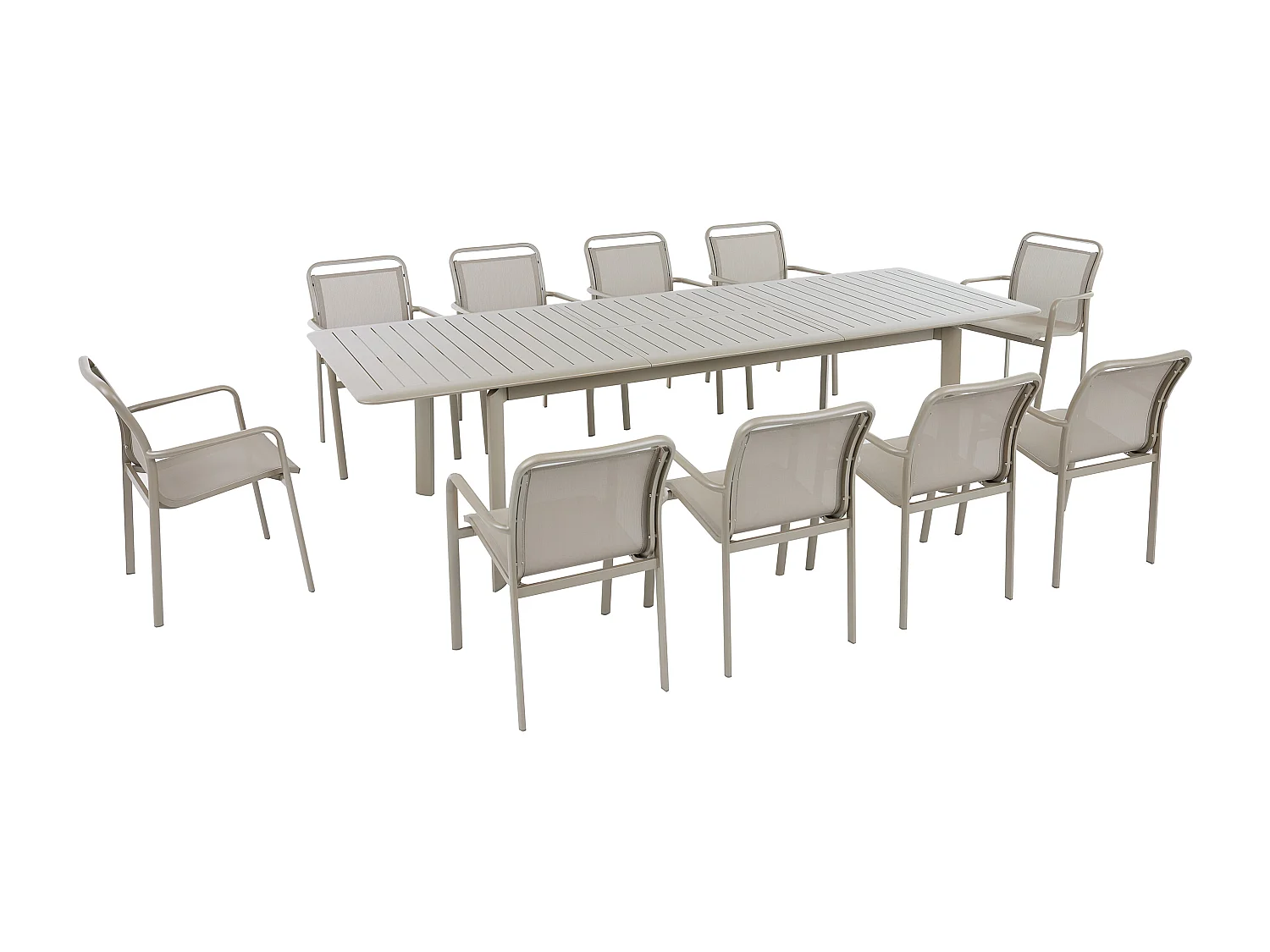 Salle à manger de jardin en aluminium : une table extensible L.205/286.5 cm et 10 fauteuils empilables - Taupe - VELYRA de MYLIA