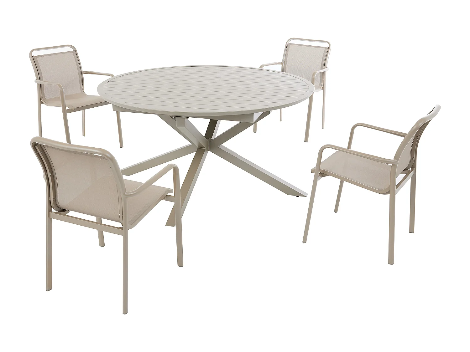 Salle à manger de jardin en aluminium : une table ronde extensible L.150/200 cm et 4 fauteuils empilables - Taupe - VELYRA de MYLIA