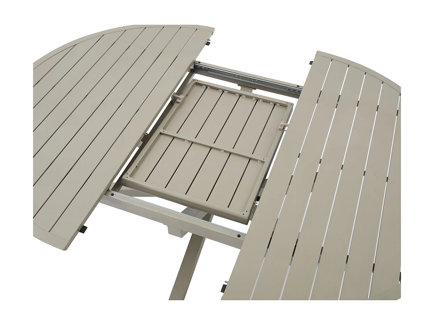 Salle à manger de jardin en aluminium : une table ronde extensible L.150/200 cm et 4 fauteuils empilables - Taupe - VELYRA de MYLIA