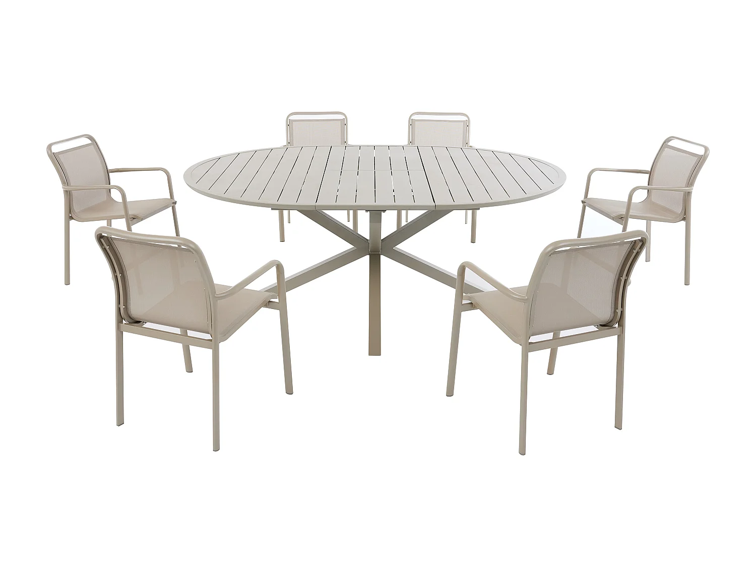 Salle à manger de jardin en aluminium : une table ronde extensible L.150/200 cm et 6 fauteuils empilables - Taupe - VELYRA de MYLIA