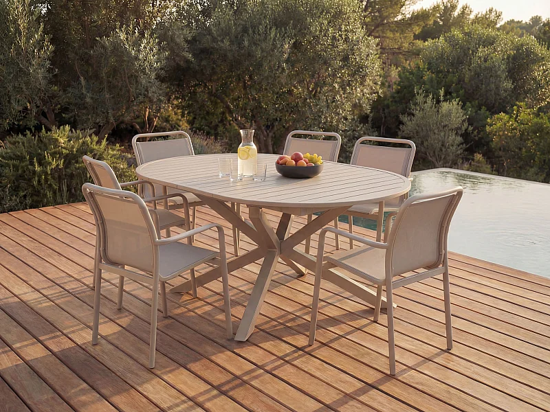 Salle à manger de jardin en aluminium : une table ronde extensible L.150/200 cm et 6 fauteuils empilables - Taupe - VELYRA de MYLIA