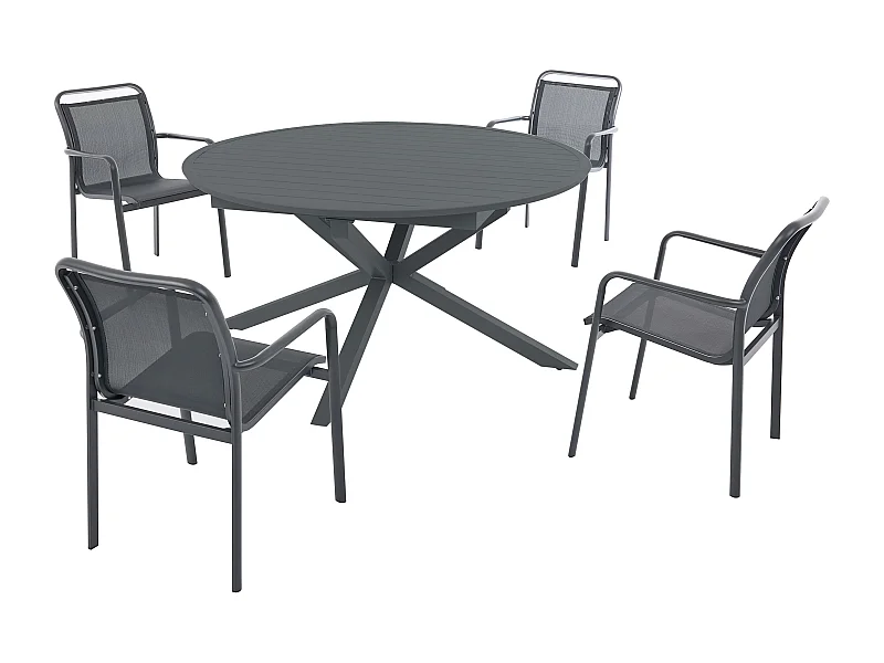 Salle à manger de jardin en aluminium : une table ronde extensible L.150/200 cm et 4 fauteuils empilables - Anthracite - VELYRA de MYLIA