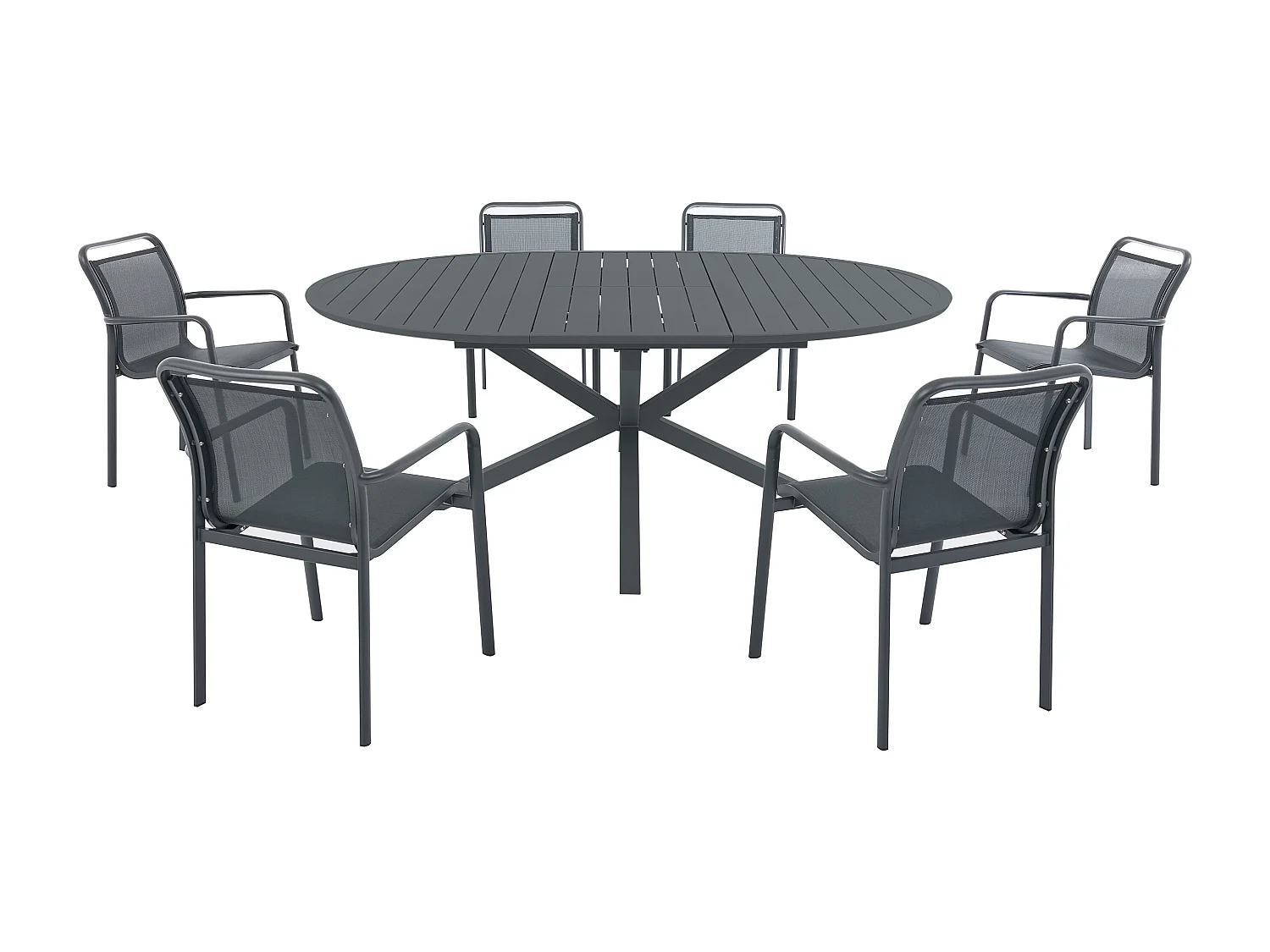 Salle à manger de jardin en aluminium : une table ronde extensible L.150/200 cm et 6 fauteuils empilables - Anthracite - VELYRA de MYLIA