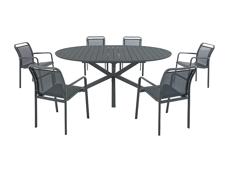 Salle à manger de jardin en aluminium : une table ronde extensible L.150/200 cm et 6 fauteuils empilables - Anthracite - VELYRA de MYLIA