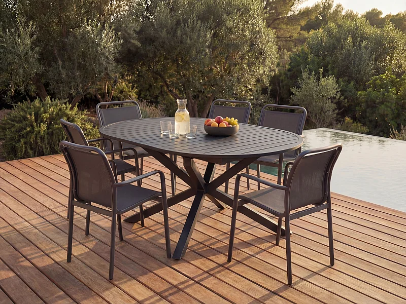 Aluminium tuineetkamer: een uitschuifbare ronde tafel L.150/200 cm en 6 stapelbare stoelen - Antraciet - VELYRA van MYLIA