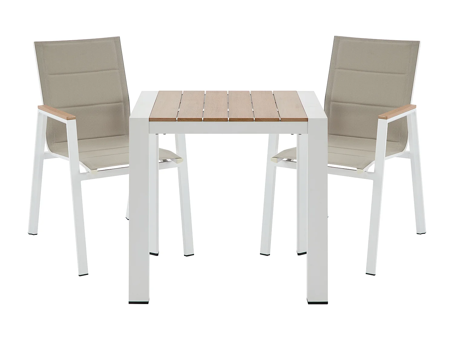 Salle à manger de jardin en aluminium : une table L.80 cm et 2 fauteuils empilables - Naturel clair et blanc - LIOUS de MYLIA