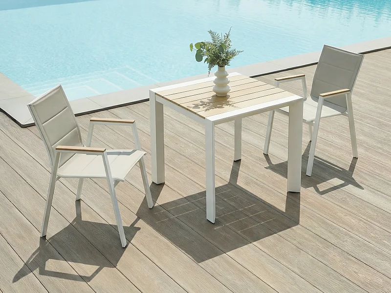 Salle à manger de jardin en aluminium : une table L.80 cm et 2 fauteuils empilables - Naturel clair et blanc - LIOUS de MYLIA