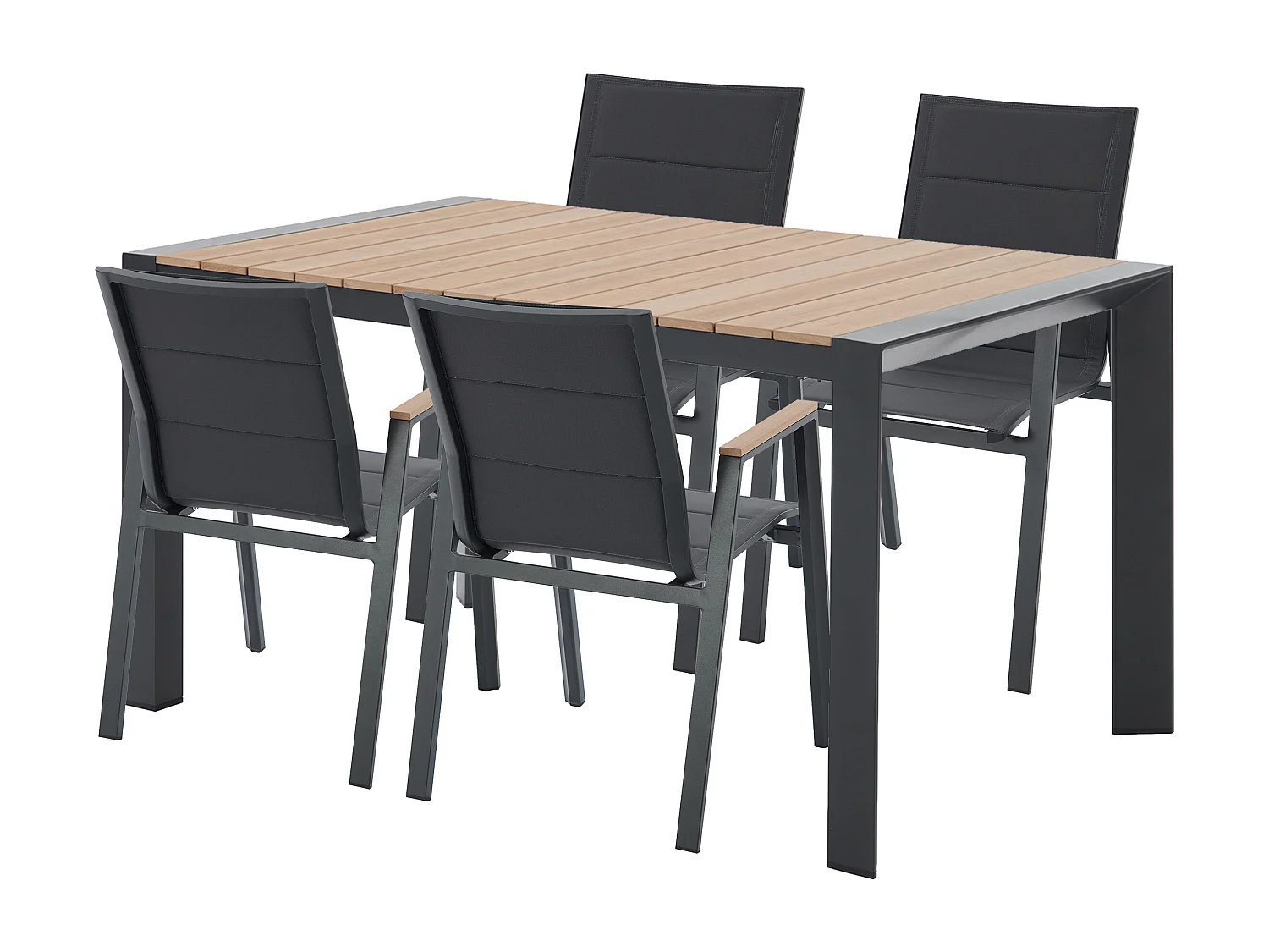 Salle à manger de jardin en aluminium : une table L.150 cm et 4 fauteuils empilables - Naturel clair et anthracite - LIOUS de MYLIA