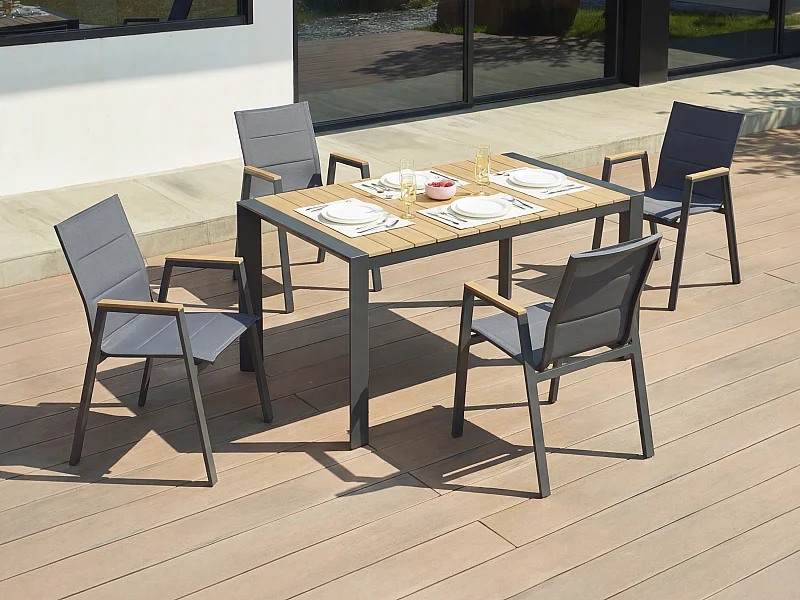 Salle à manger de jardin en aluminium : une table L.150 cm et 4 fauteuils empilables - Naturel clair et anthracite - LIOUS de MYLIA