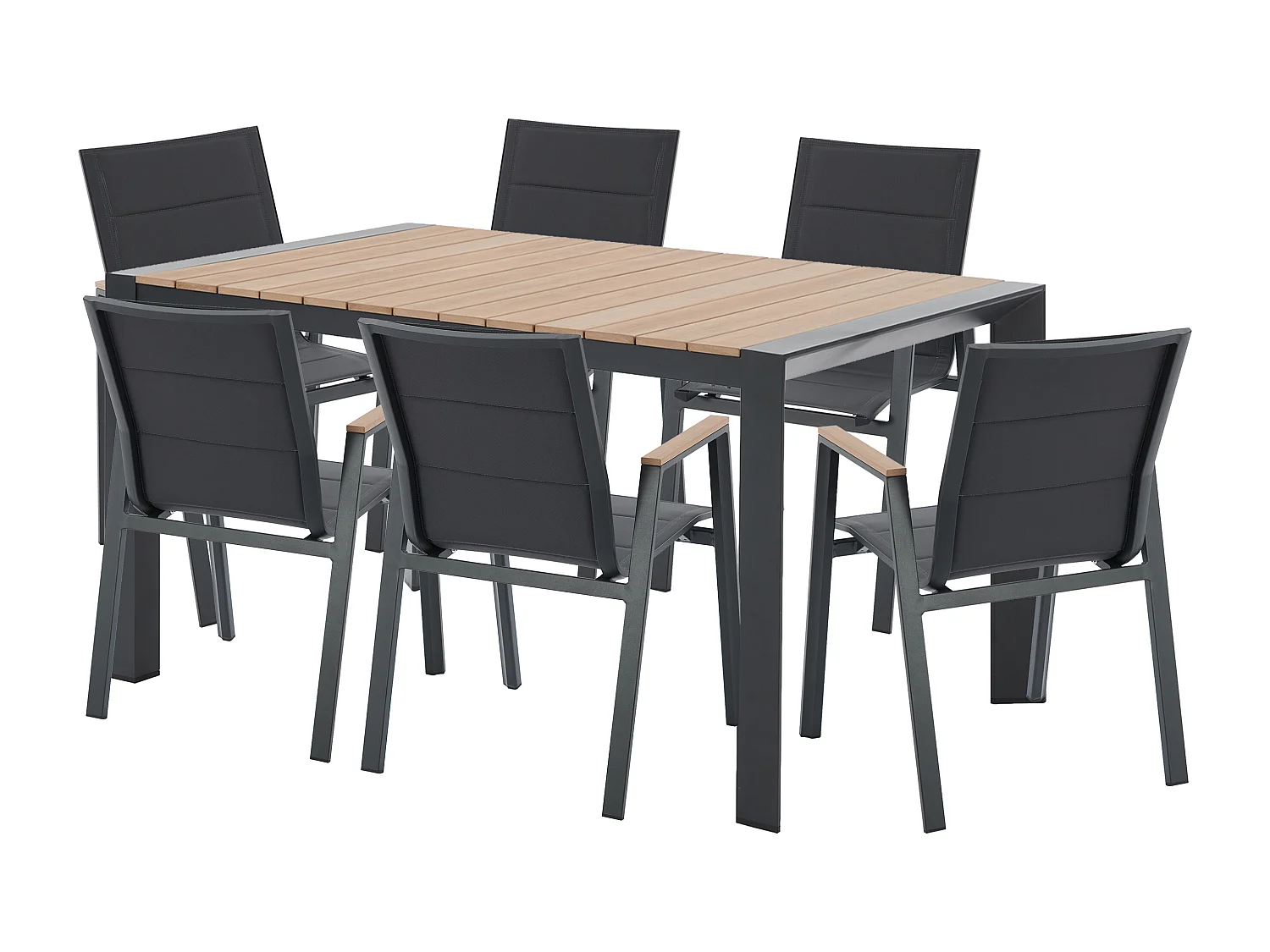 Salle à manger de jardin en aluminium : une table L.150 cm et 6 fauteuils empilables - Naturel clair et anthracite - LIOUS de MYLIA