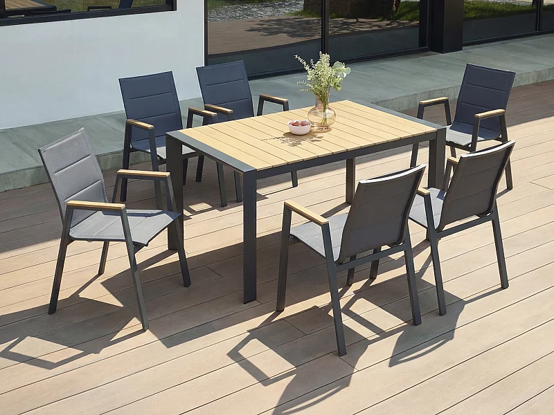 Salle à manger de jardin en aluminium : une table L.150 cm et 6 fauteuils empilables - Naturel clair et anthracite - LIOUS de MYLIA