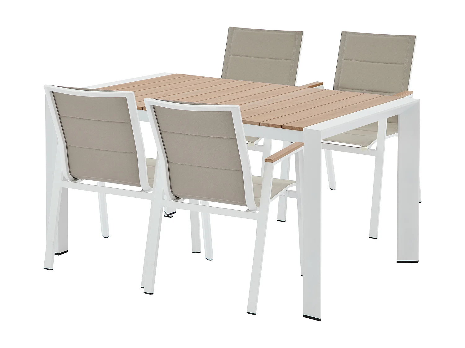 Salle à manger de jardin en aluminium : une table L.150 cm et 4 fauteuils empilables - Naturel clair et blanc - LIOUS de MYLIA