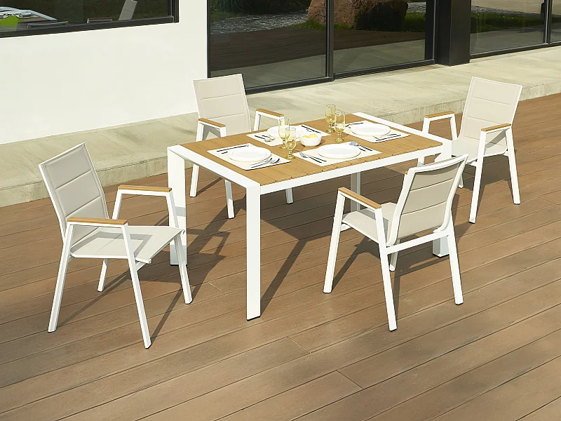 Salle à manger de jardin en aluminium : une table L.150 cm et 4 fauteuils empilables - Naturel clair et blanc - LIOUS de MYLIA