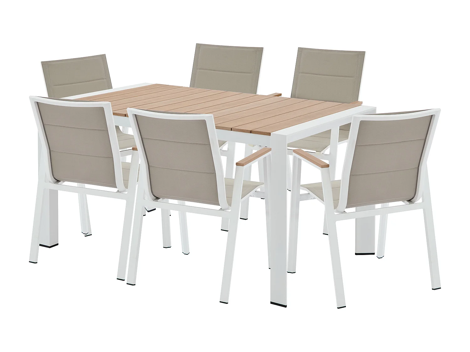 Salle à manger de jardin en aluminium : une table L.150 cm et 6 fauteuils empilables - Naturel clair et blanc - LIOUS de MYLIA