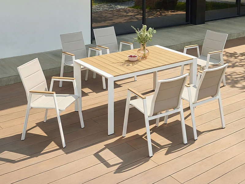 Salle à manger de jardin en aluminium : une table L.150 cm et 6 fauteuils empilables - Naturel clair et blanc - LIOUS de MYLIA