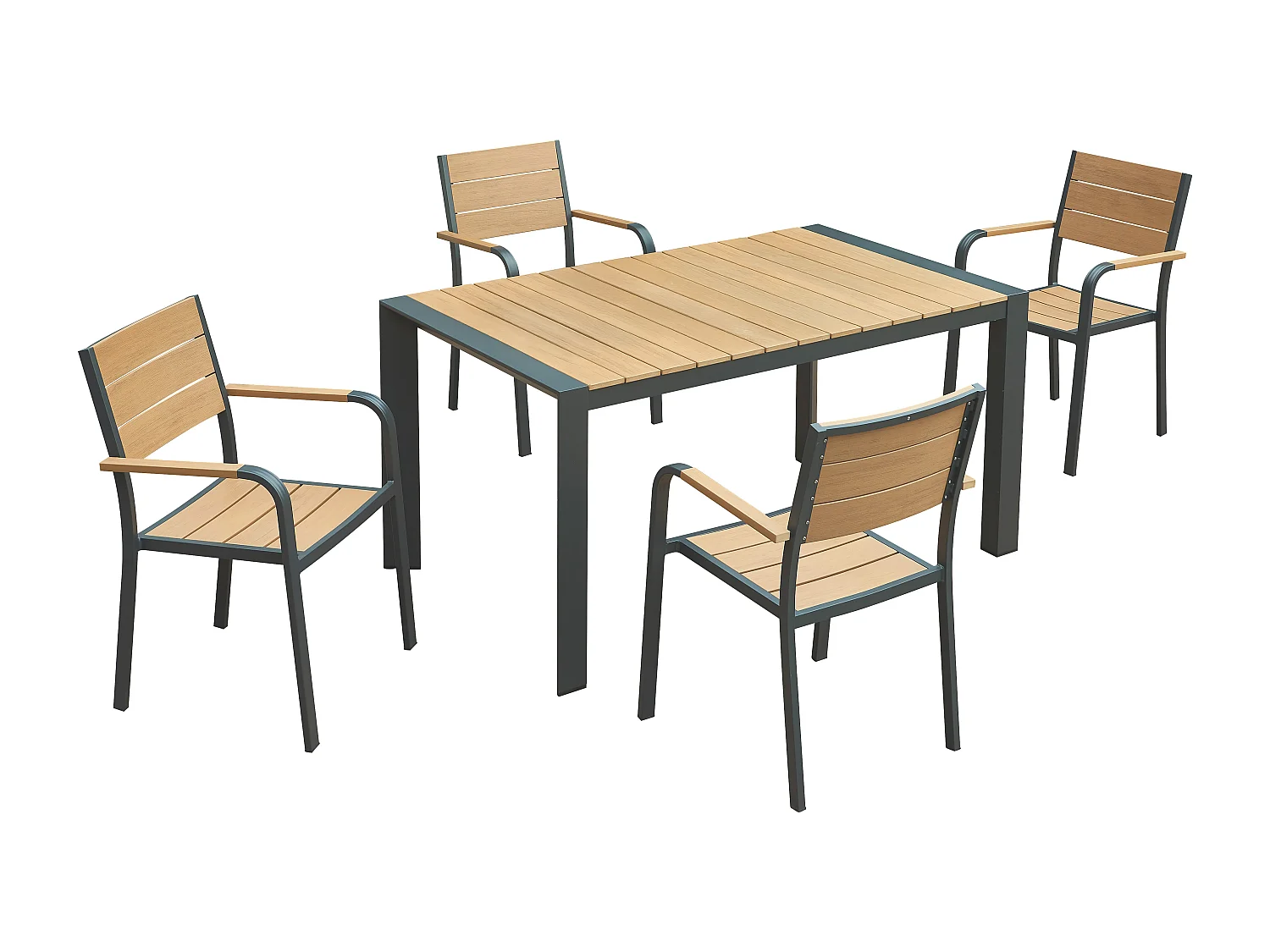 Salle à manger de jardin en aluminium : une table L.150 cm et 4 fauteuils empilables - Naturel clair et anthracite - NYROS de MYLIA