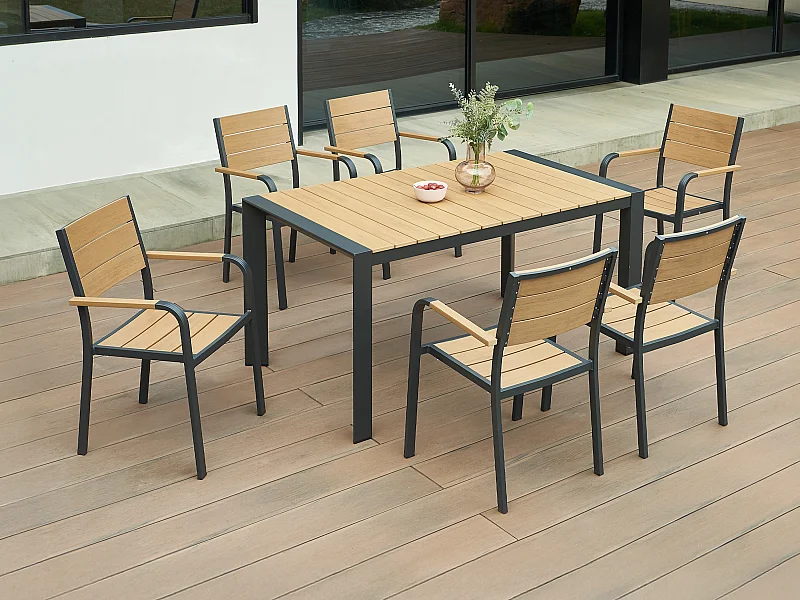 Sala da pranzo da giardino in alluminio: un tavolo L.150 cm e 6 poltrone impilabili Naturale chiaro e antracite - NYROS di MYLIA