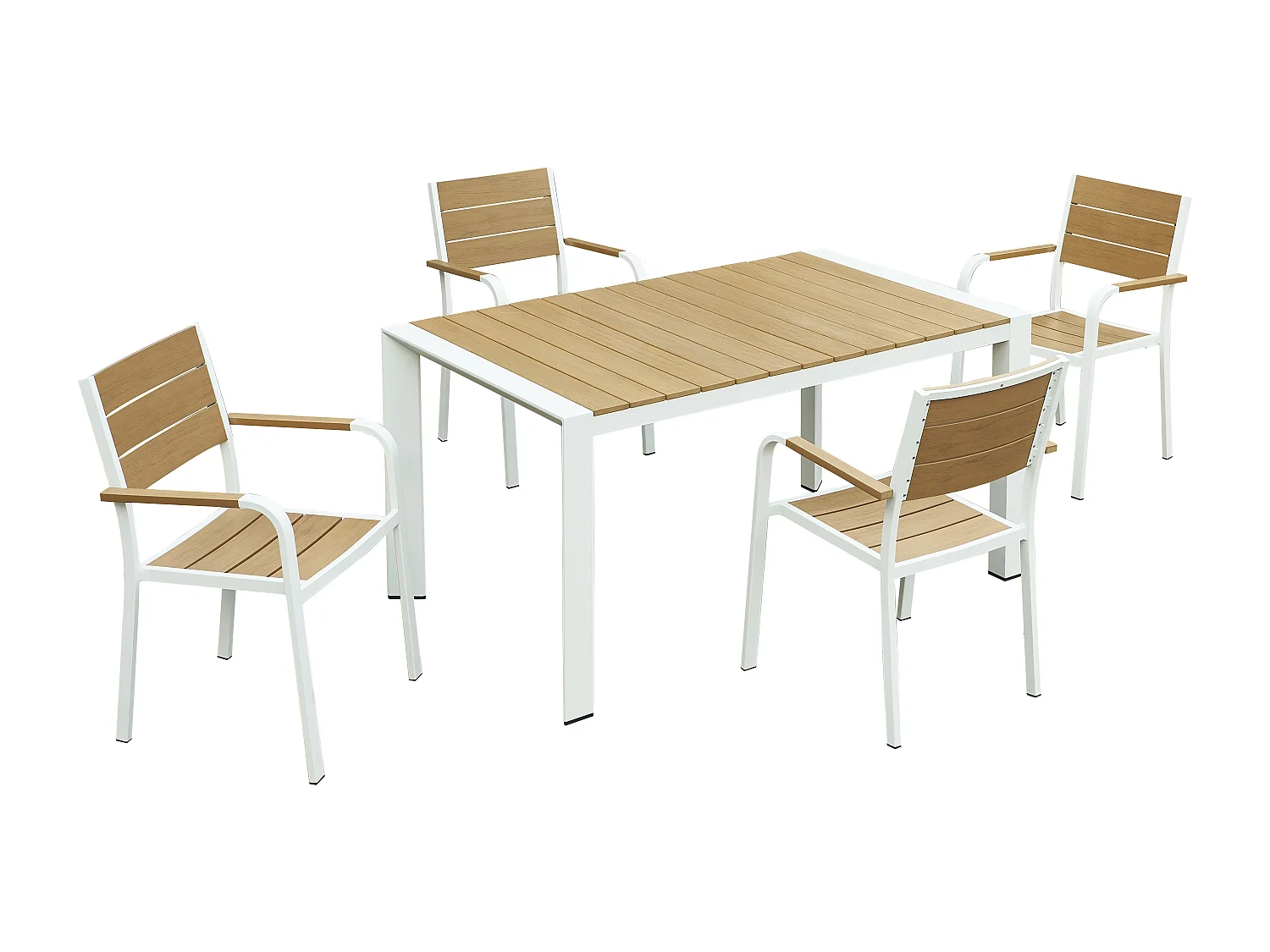 Salle à manger de jardin en aluminium : une table L.150 cm et 4 fauteuils empilables - Naturel clair et blanc - NYROS de MYLIA
