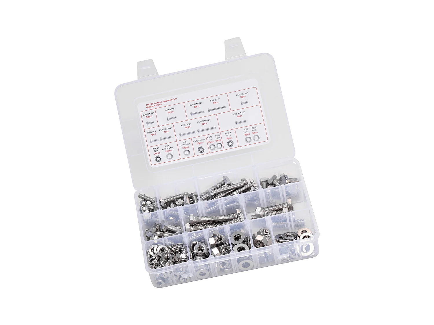 Kit Boulons et Écrous SucceBuy, 246 PCS, Vis de Machine et Rondelles Plates, Impériaux, Acier Inoxydable, Plusieurs Tailles, 1/4-20, 5/16-18, 3/8-16