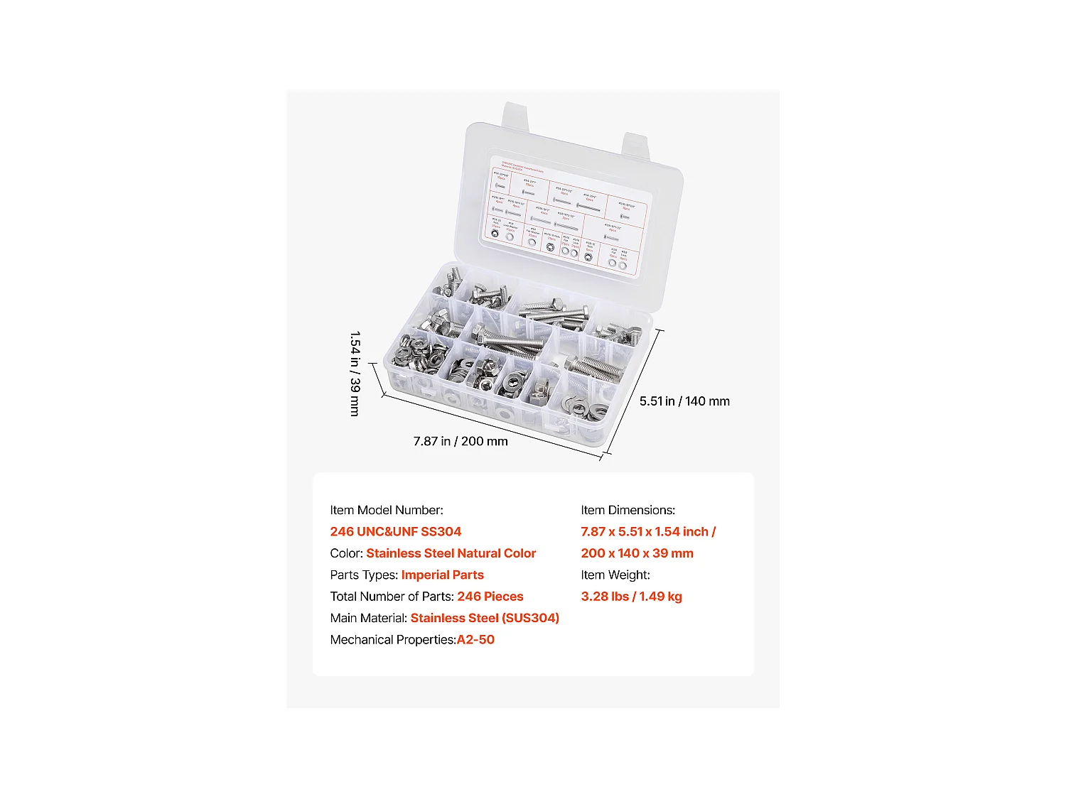 Kit Boulons et Écrous SucceBuy, 246 PCS, Vis de Machine et Rondelles Plates, Impériaux, Acier Inoxydable, Plusieurs Tailles, 1/4-20, 5/16-18, 3/8-16