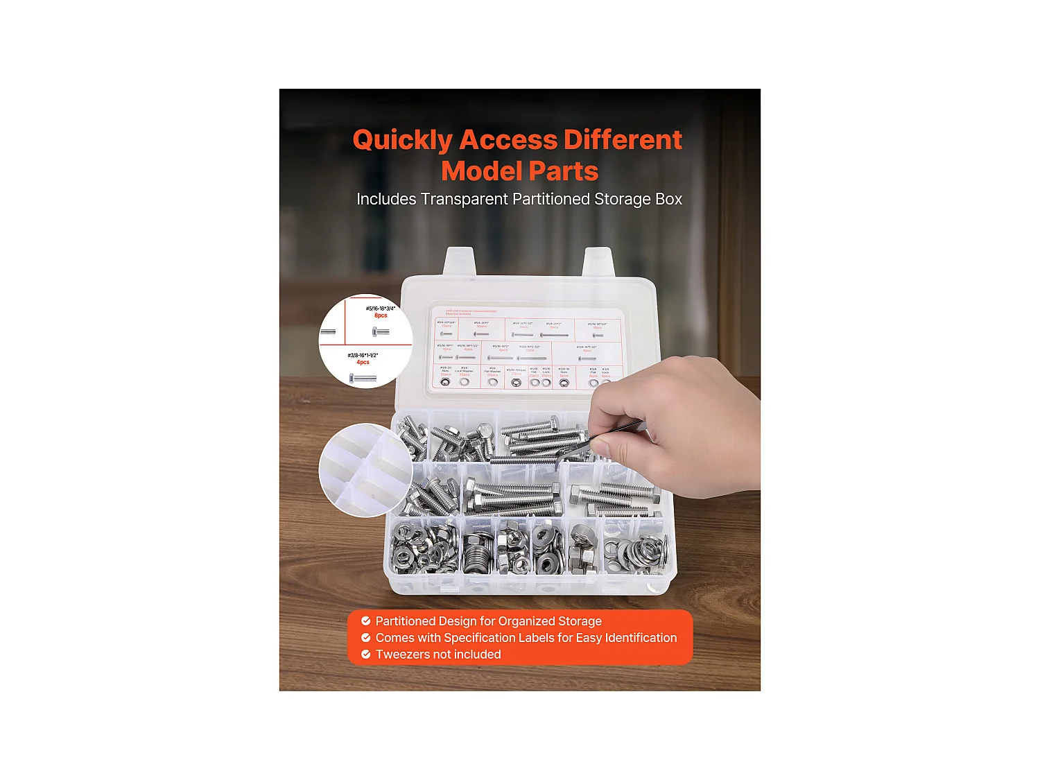 Kit Boulons et Écrous SucceBuy, 246 PCS, Vis de Machine et Rondelles Plates, Impériaux, Acier Inoxydable, Plusieurs Tailles, 1/4-20, 5/16-18, 3/8-16