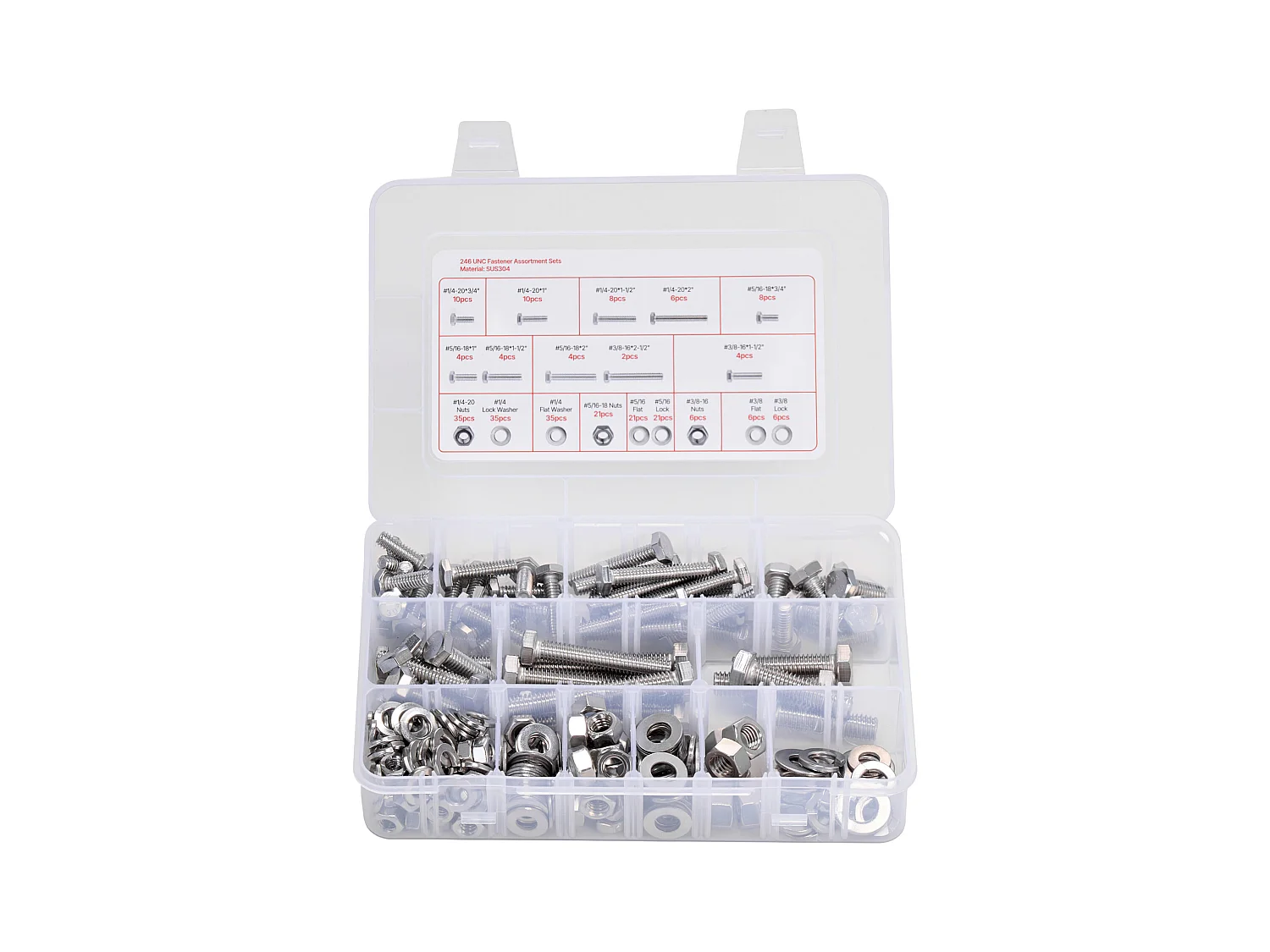 Kit Boulons et Écrous SucceBuy, 246 PCS, Vis de Machine et Rondelles Plates, Impériaux, Acier Inoxydable, Plusieurs Tailles, 1/4-20, 5/16-18, 3/8-16