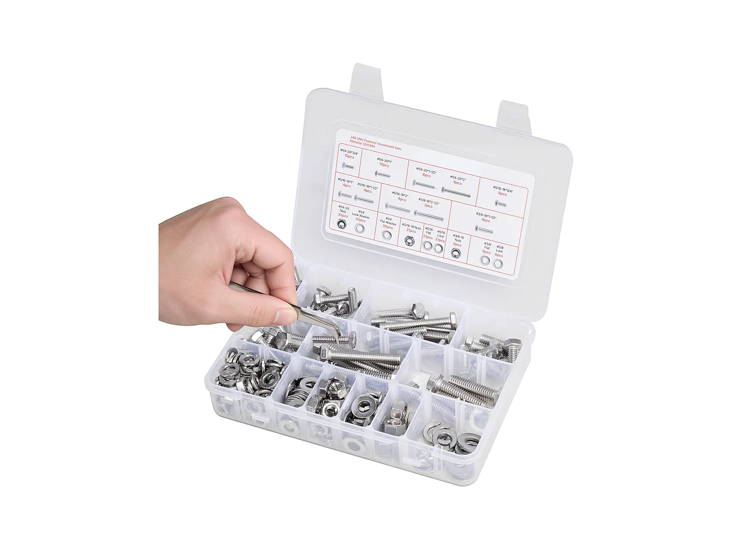 Kit Boulons et Écrous SucceBuy, 246 PCS, Vis de Machine et Rondelles Plates, Impériaux, Acier Inoxydable, Plusieurs Tailles, 1/4-20, 5/16-18, 3/8-16