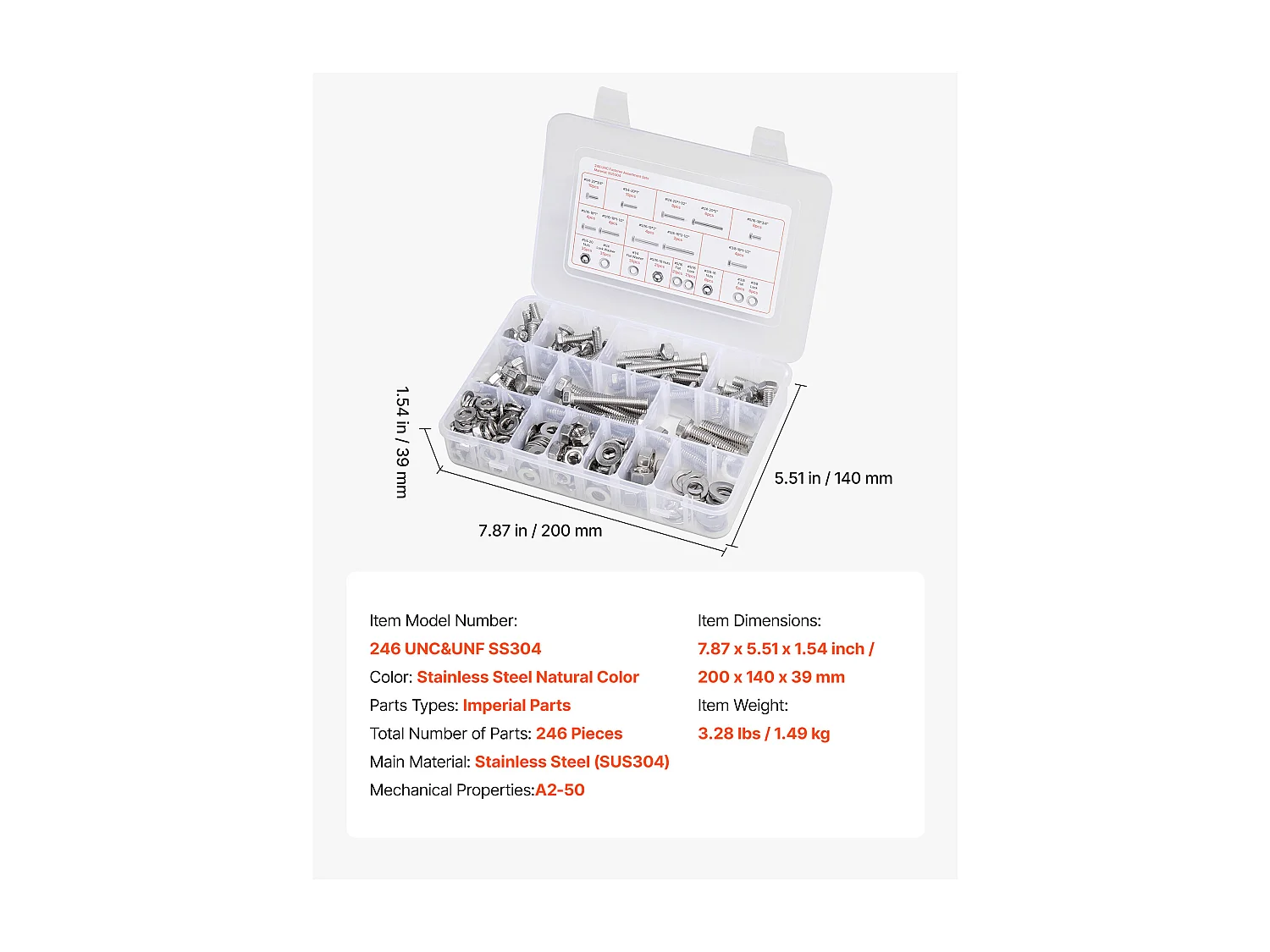 Kit Boulons et Écrous SucceBuy, 246 PCS, Vis de Machine et Rondelles Plates, Impériaux, Acier Inoxydable, Plusieurs Tailles, 1/4-20, 5/16-18, 3/8-16