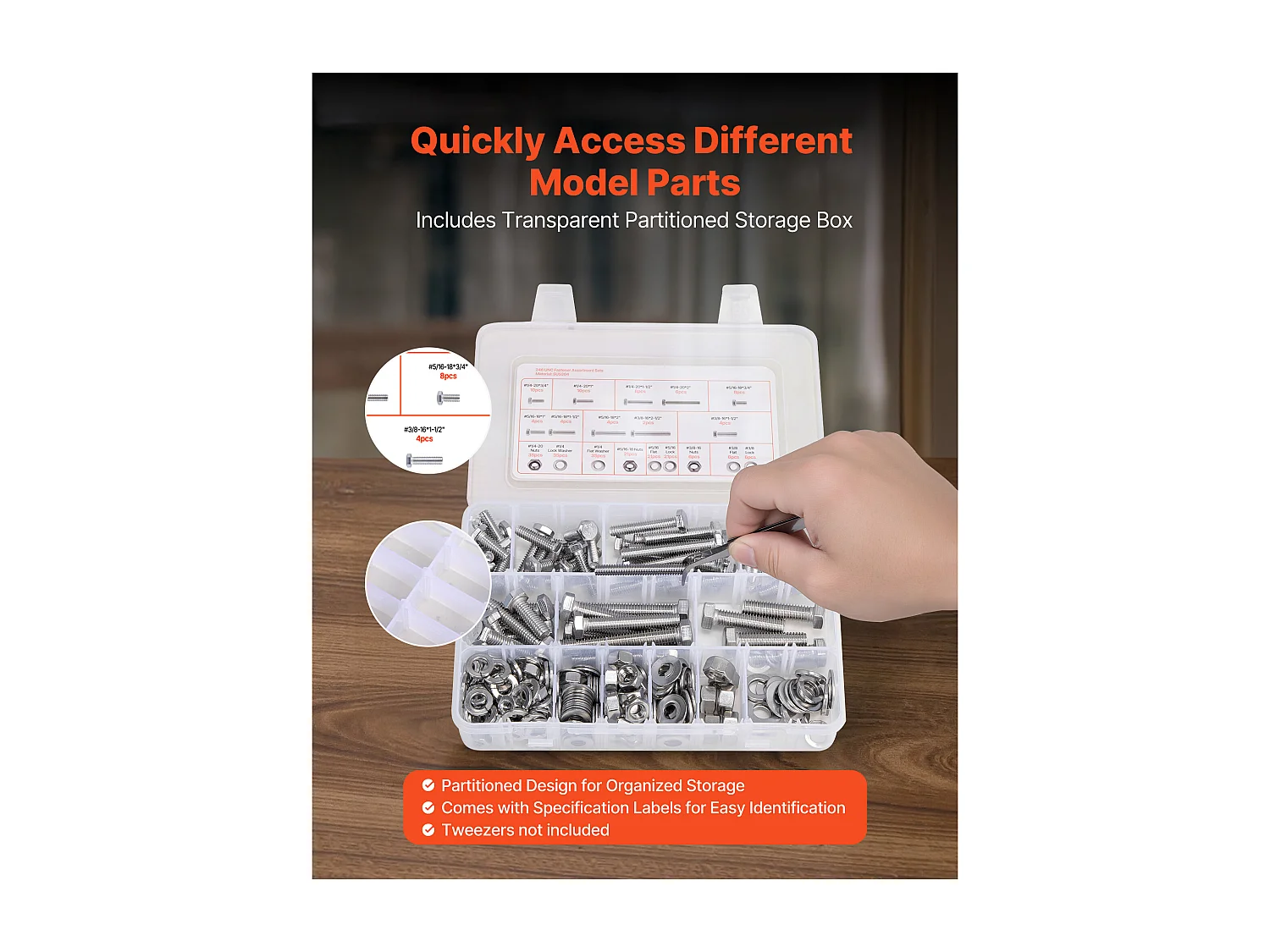 Kit Boulons et Écrous SucceBuy, 246 PCS, Vis de Machine et Rondelles Plates, Impériaux, Acier Inoxydable, Plusieurs Tailles, 1/4-20, 5/16-18, 3/8-16