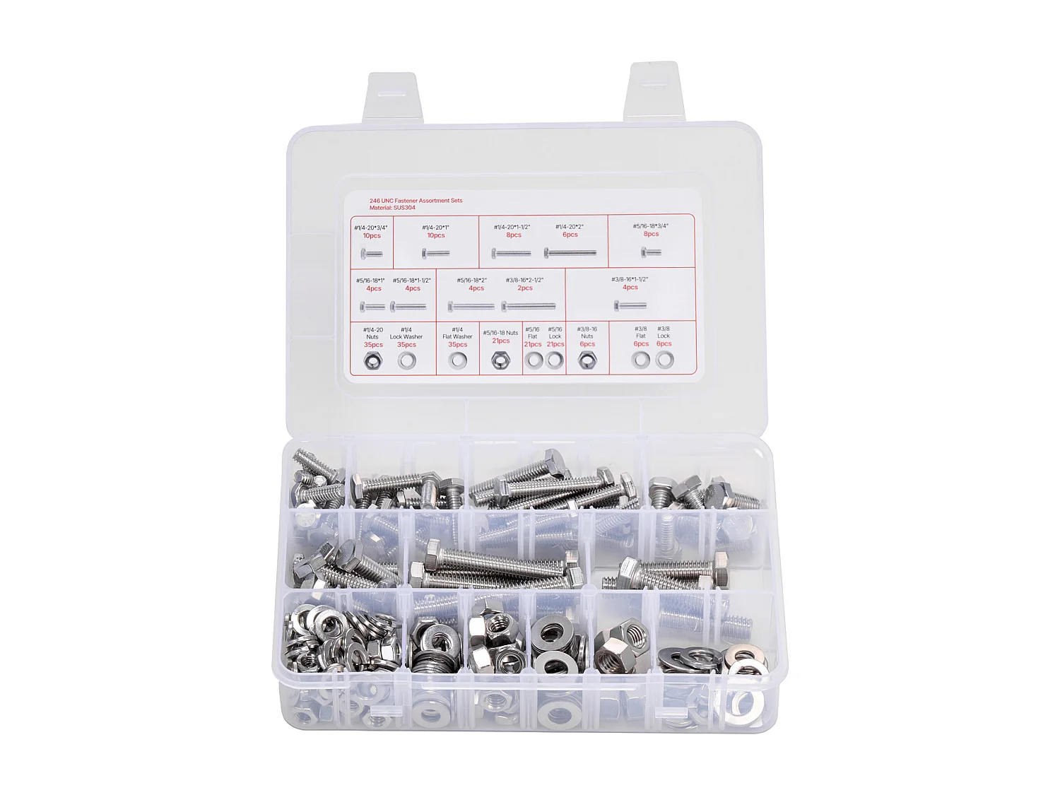 Kit Boulons et Écrous SucceBuy, 246 PCS, Vis de Machine et Rondelles Plates, Impériaux, Acier Inoxydable, Plusieurs Tailles, 1/4-20, 5/16-18, 3/8-16