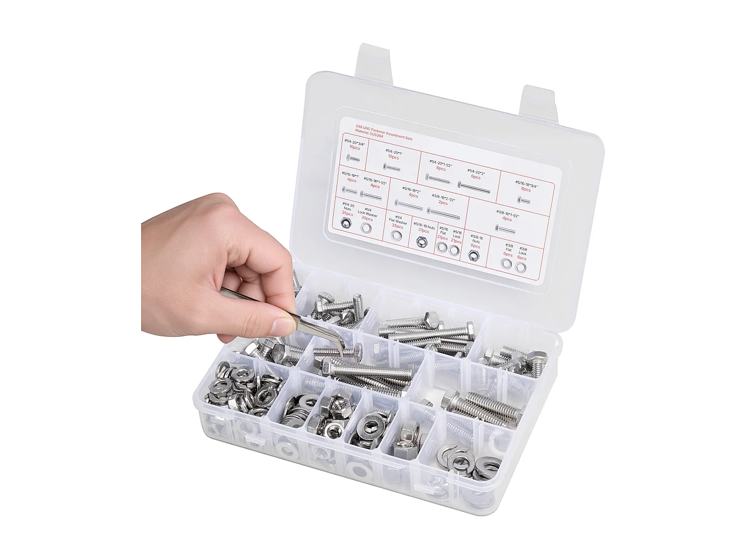 Kit Boulons et Écrous SucceBuy, 246 PCS, Vis de Machine et Rondelles Plates, Impériaux, Acier Inoxydable, Plusieurs Tailles, 1/4-20, 5/16-18, 3/8-16