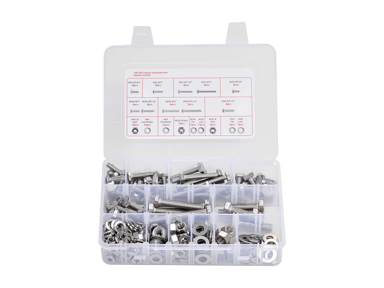 Kit Boulons et Écrous SucceBuy, 246 PCS, Vis de Machine et Rondelles Plates, Impériaux, Acier Inoxydable, Plusieurs Tailles, 1/4-20, 5/16-18, 3/8-16