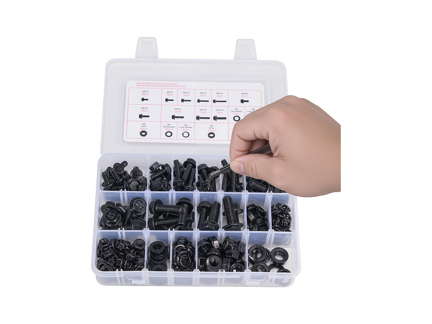 Kit Boulons et Écrous SucceBuy, 280 PCS, Vis de Machine et Rondelles Plates, Métriques Classe 10.9, Acier Allié, Plusieurs Tailles M6/M8/M10