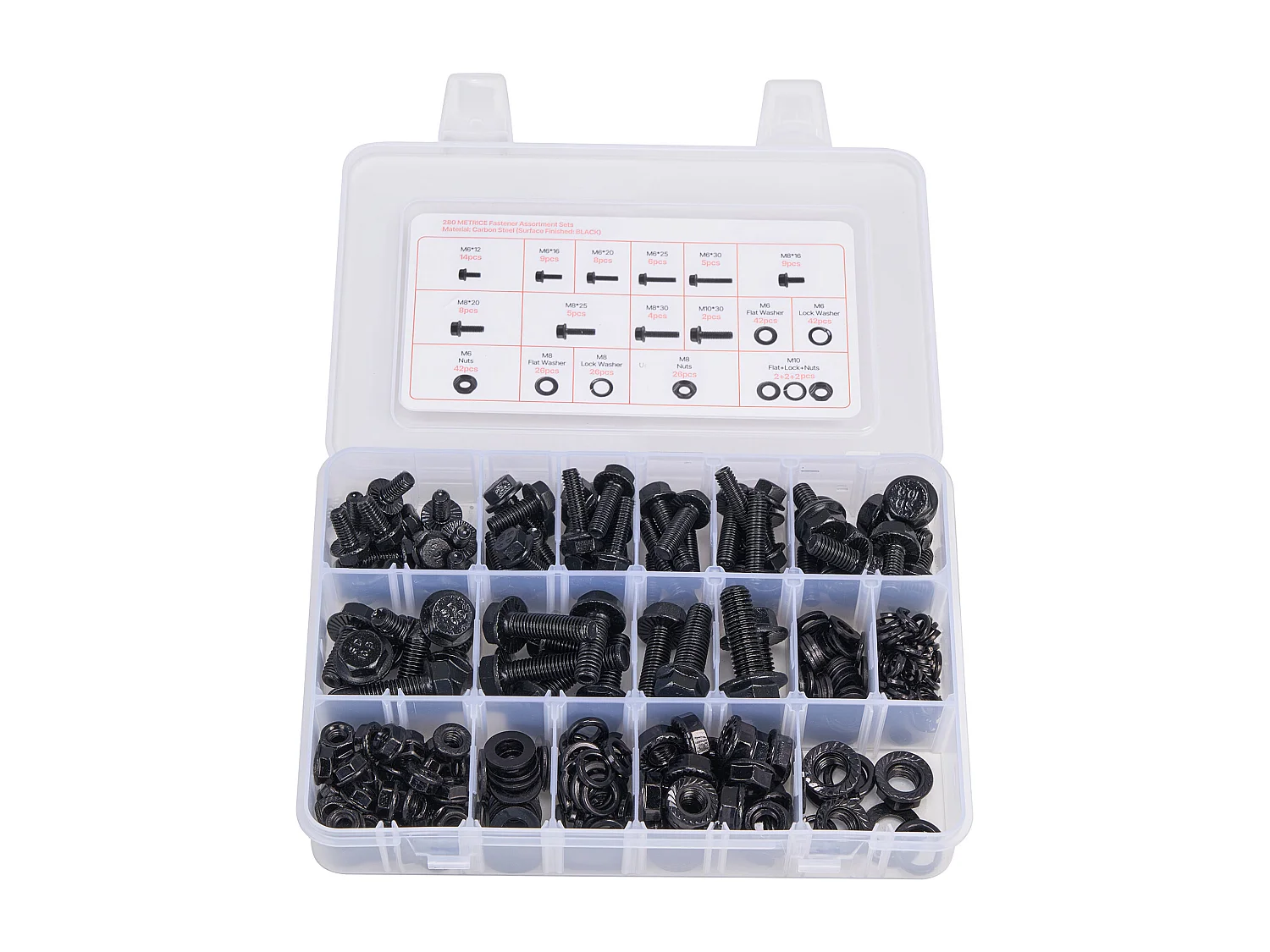 Kit Boulons et Écrous SucceBuy, 280 PCS, Vis de Machine et Rondelles Plates, Métriques Classe 10.9, Acier Allié, Plusieurs Tailles M6/M8/M10