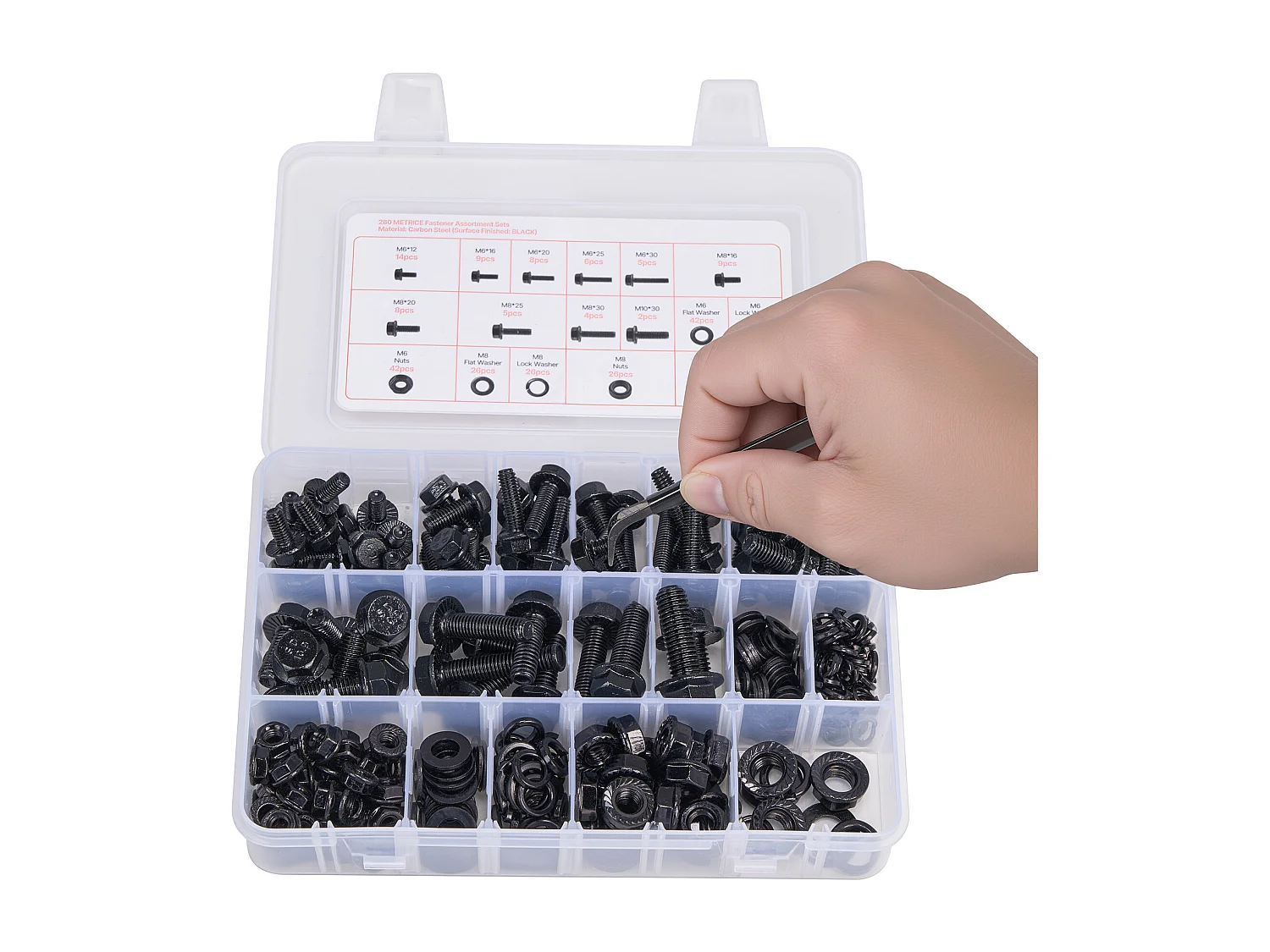 Kit Boulons et Écrous SucceBuy, 280 PCS, Vis de Machine et Rondelles Plates, Métriques Classe 10.9, Acier Allié, Plusieurs Tailles M6/M8/M10