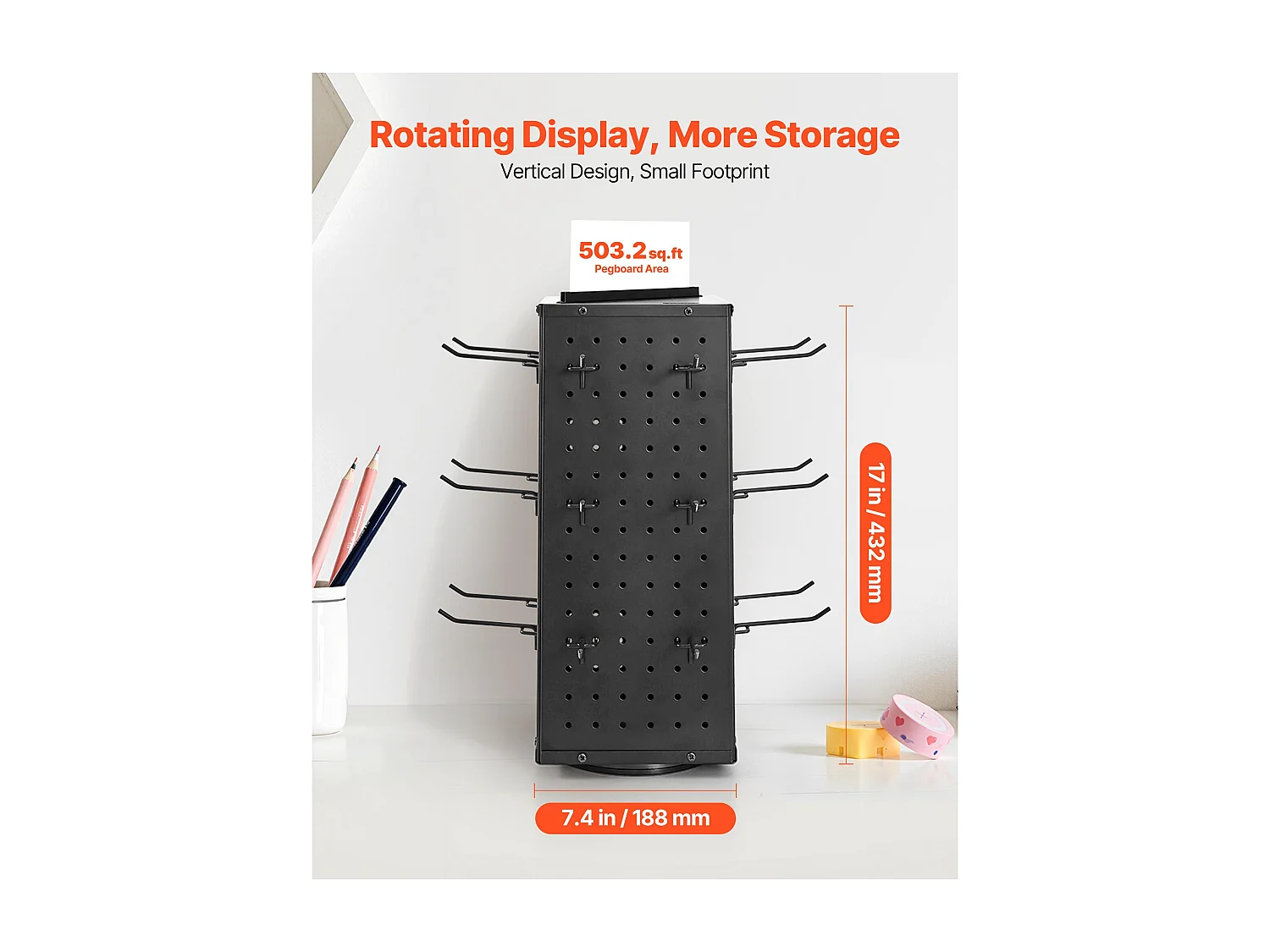 Draaibare Geperforeerd Paneel Organizer SucceBuy, 18,8 x 18,8 x 52 cm, 4 Zijden, met 24 Haken, Opbergorganizer van Dik Koudgewalst Staal