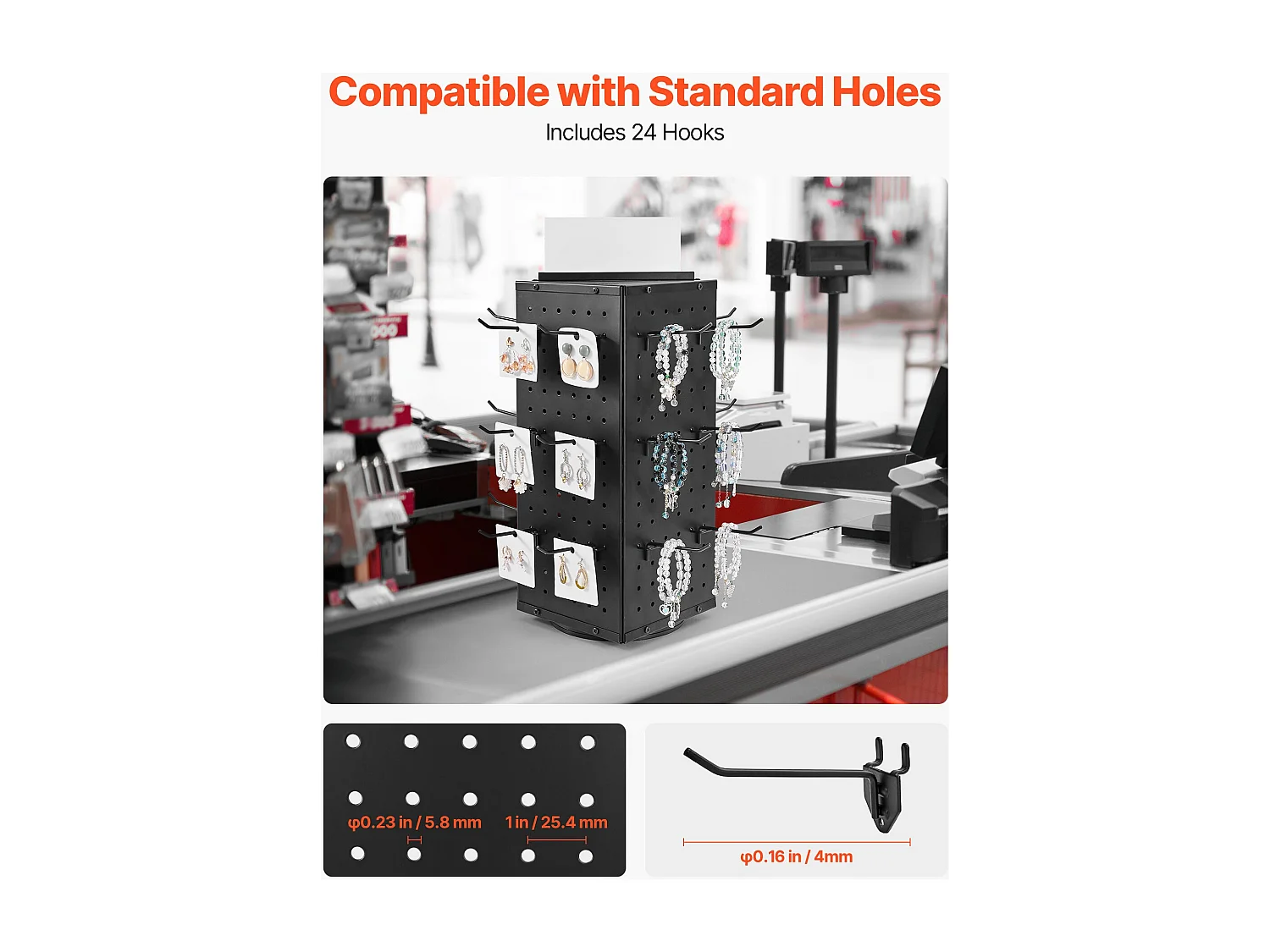 Draaibare Geperforeerd Paneel Organizer SucceBuy, 18,8 x 18,8 x 52 cm, 4 Zijden, met 24 Haken, Opbergorganizer van Dik Koudgewalst Staal
